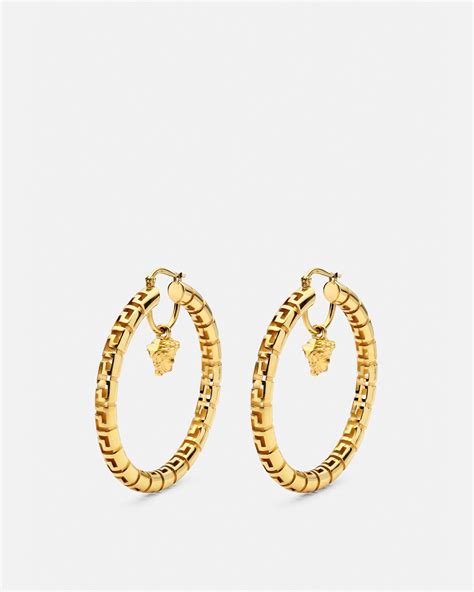 versace style earrings hoops 14kt plated white gold|greca hoop earrings.